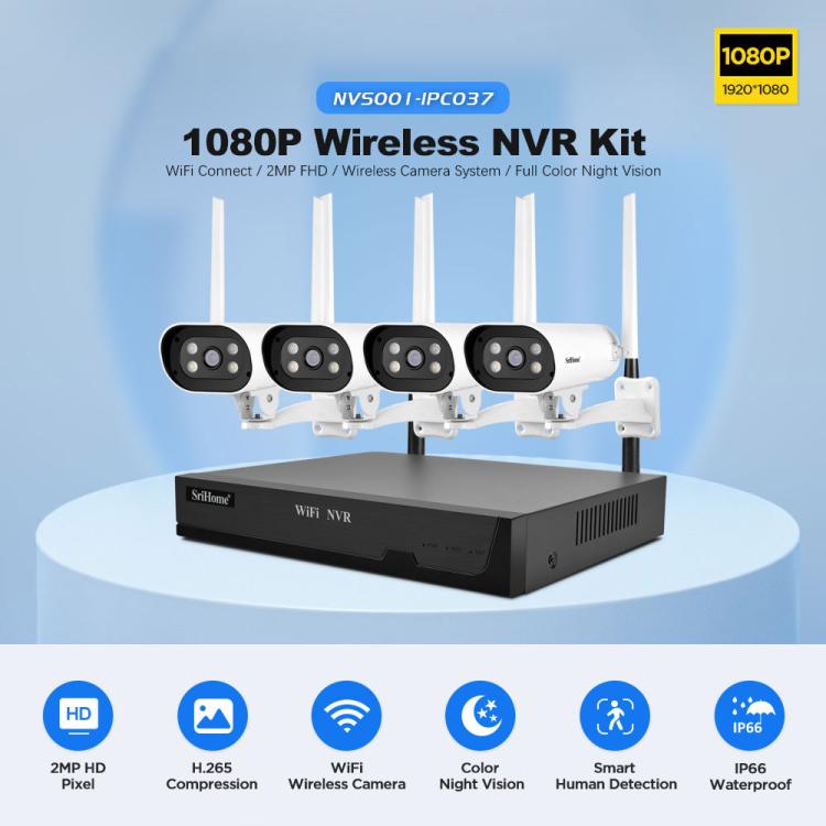SriHome NVS001-IPC037 2MP HD 4-CH NVR WiFi IP Camera Kit, EU Plug, US Plug, UK Plug, AU Plug