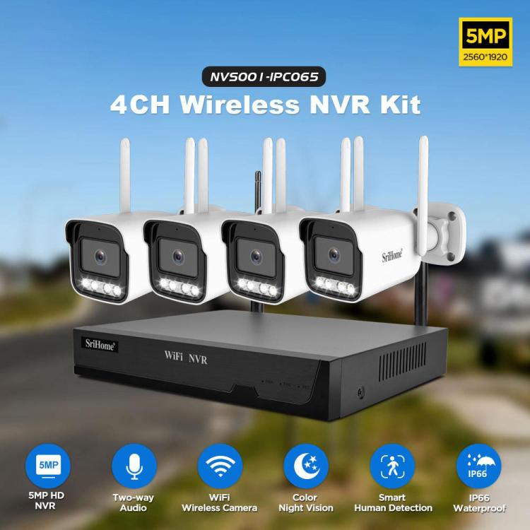 SriHome NVS001-IPC065 5MP 4-CH NVR WiFi IP Camera Kit, EU Plug, US Plug, UK Plug, AU Plug