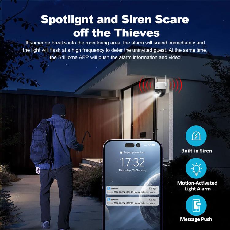 Srihome SH072 8MP 2.4 / 5G WiFi Outdoor AI Auto-Tracking Wireless WiFi Security Camera, EU Plug, US Plug, UK Plug, AU Plug