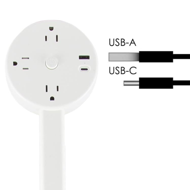 US Plug Round Power Outlet Extender Power Socket Extension Tool with USB / Type-C Fast Charging, 3 AC + USB