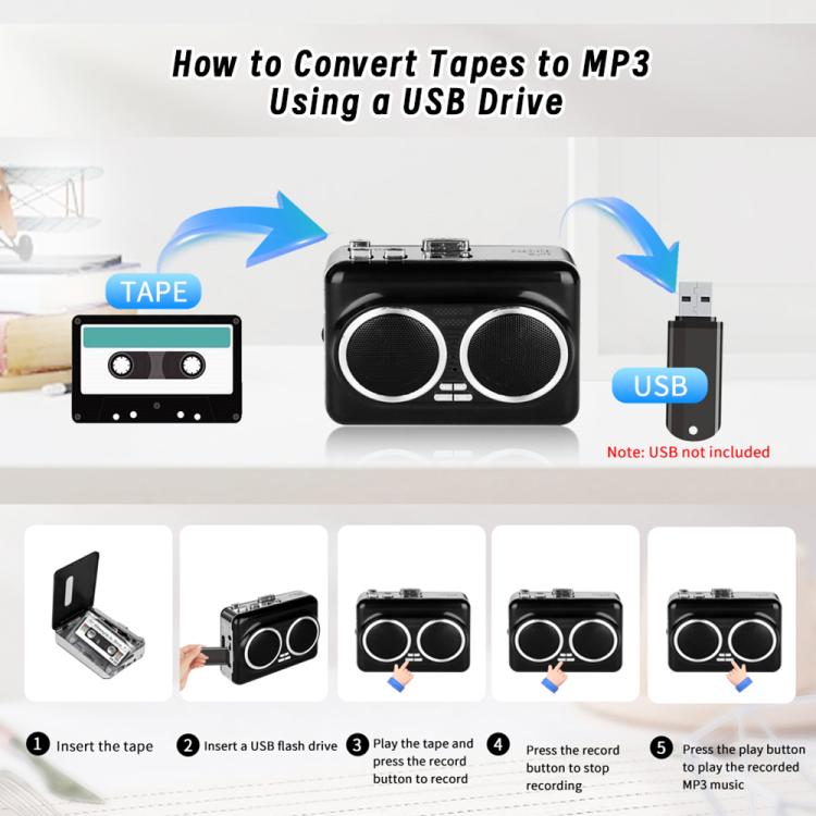302 Cassette to MP3 Converter Tape Player Portable Dual Speakers