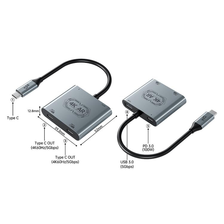 V77G 4K 60Hz USB-C / Type-C to Dual Type-C, PD 100W, USB 3.0 AR Glasses Charging Converter Adapter