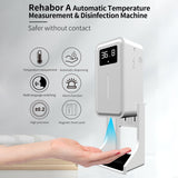 Rehabor A Handsfree Non-contact Body Light-sensitive Distance Sensor Thermometer + 450ml Automatic Non-contact Liquid Soap Spraying Dispenser with Base Mount, Rehabor A