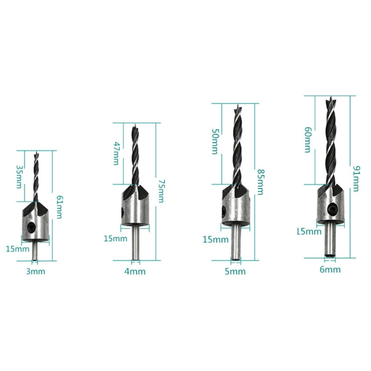 4 in 1 Woodworking Countersink Chamfer Three-Pointed High-Speed Steel Drill Bits Set, 3-6mm, 4 PCS/Set