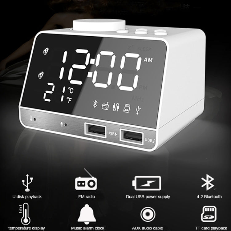 K11 Bluetooth Alarm Clock Speaker Creative Digital Music Clock Display Radio with Dual USB Interface, Support U Disk / TF Card / FM / AUX, US Plug, US Plug(Black), US Plug(White)