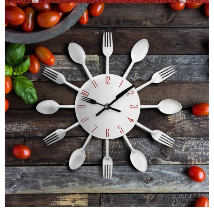 Cutlery Metal Kitchen Wall Clock Spoon Fork Creative Quartz Wall Mounted Clocks Modern Design Decorative Horloge, Silver, Silver