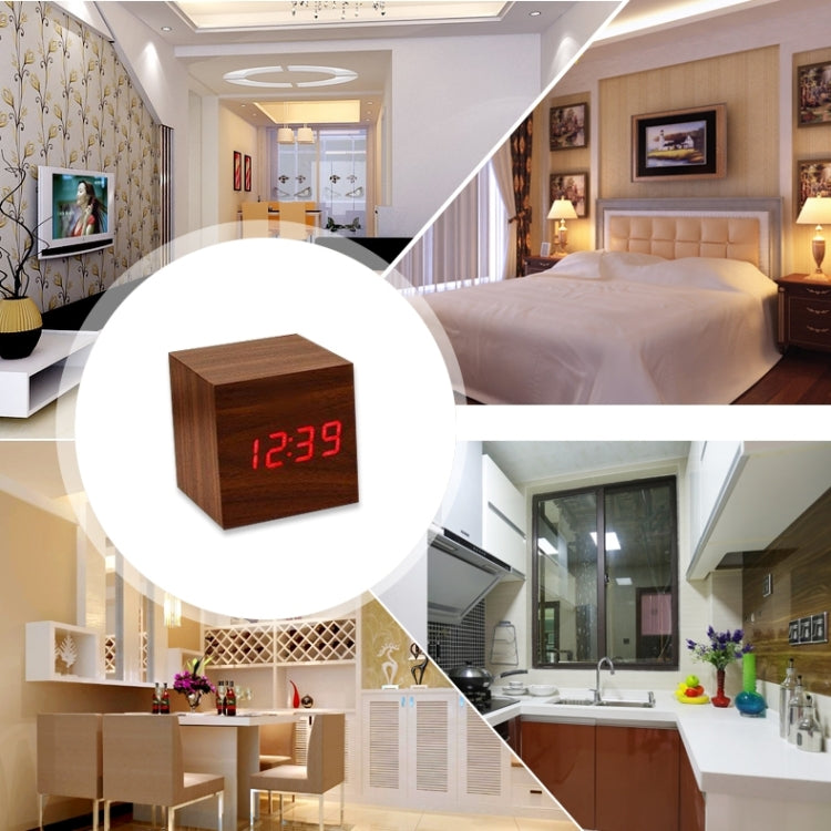 Wood Clock Desk Table LED Digital Display Alarm Clock with Time & Date & Temperature Display, Wood Clock