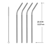 5pcs Reusable Stainless Steel Bent Drinking Straw + Cleaner Brush Set Kit, 215*6mm, 215*6mm (Bent)