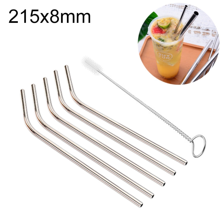 5pcs Reusable Stainless Steel Bent Drinking Straw + Cleaner Brush Set Kit, 215*8mm, 215*8mm (Bent)