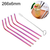 5pcs Reusable Stainless Steel Bent Drinking Straw + Cleaner Brush Set Kit, 266*6mm, 266*6mm (Bent)