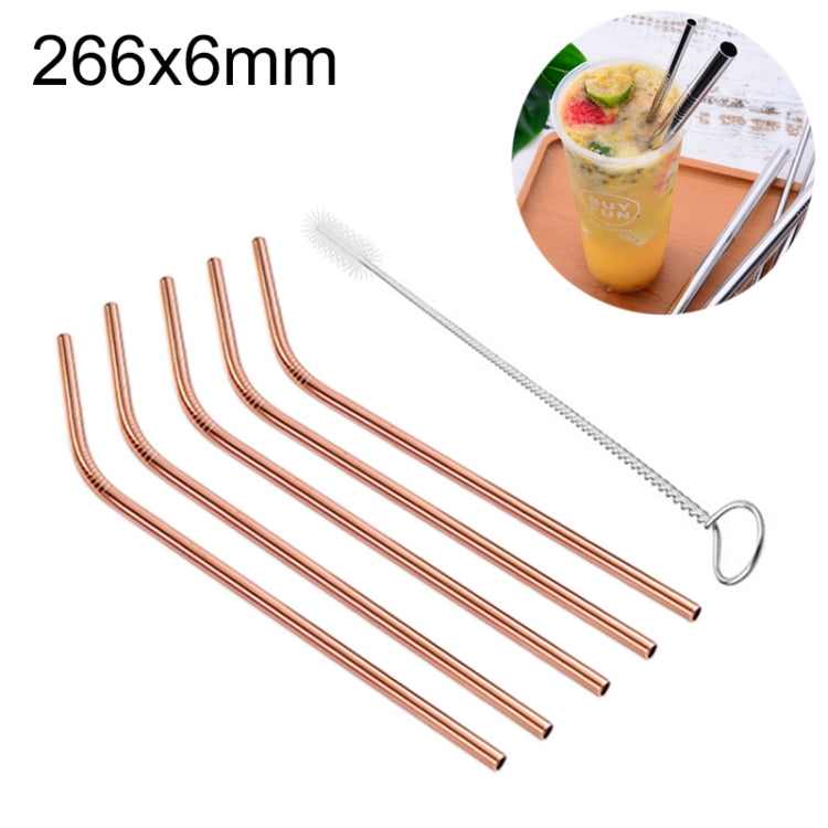 5pcs Reusable Stainless Steel Bent Drinking Straw + Cleaner Brush Set Kit, 266*6mm, 266*6mm (Bent)