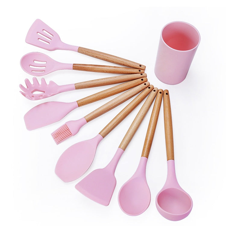 kn082 9 in 1 Wooden Handle Silicone Kitchen Tool Set with Storage Bucket, Black, Pink, Green
