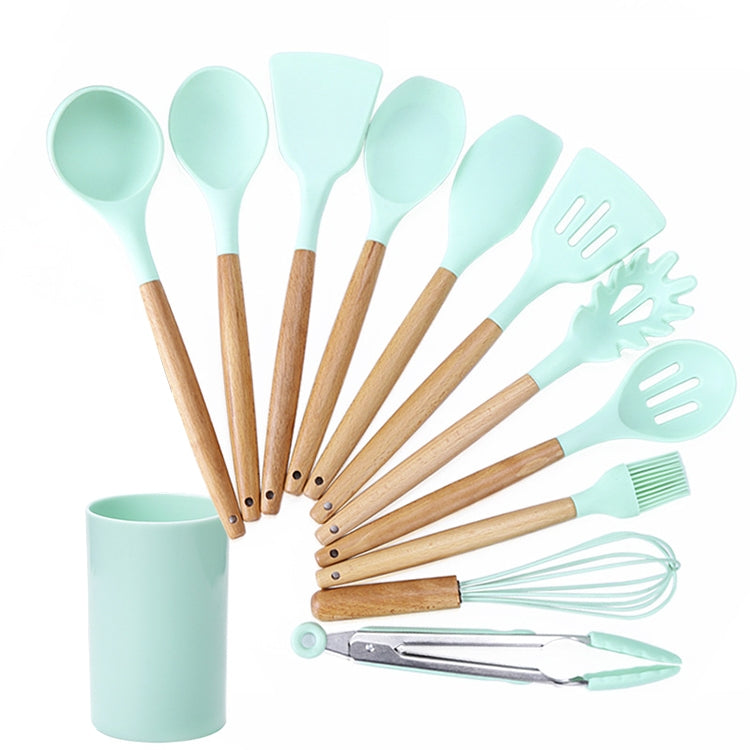 kn082 11 in 1 Wooden Handle Silicone Kitchen Tool Set with Storage Bucket, Black, Pink, Green