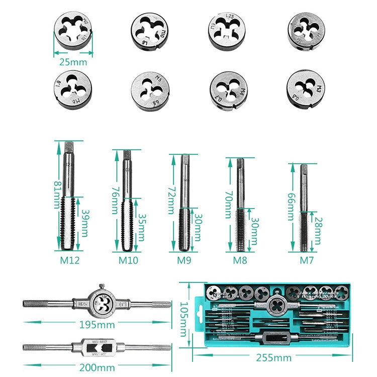 20 PCS Multi-specification Tap and Die Combination Set Hand Metric Wire Tapping Wrench Winch, 20 PCS