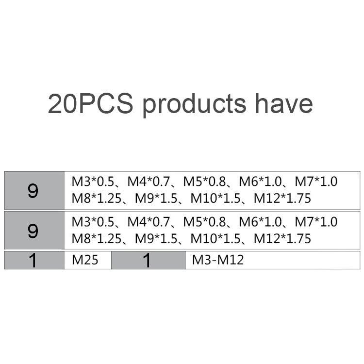 20 PCS Multi-specification Tap and Die Combination Set Hand Metric Wire Tapping Wrench Winch, 20 PCS