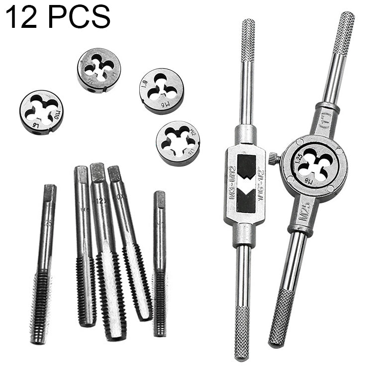 12 PCS Multi-specification Tap and Die Combination Set Hand Metric Wire Tapping Wrench Winch, 12 PCS 12 PCS