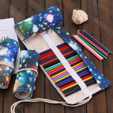 48 Slots Cosmic Galaxy Print Pen Bag Canvas Pencil Wrap Curtain Roll Up Pencil Case Stationery Pouch, 48 Slots