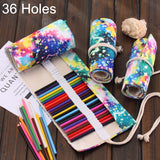 36 Slots Starry Sky Print Pen Bag Canvas Pencil Wrap Curtain Roll Up Pencil Case Stationery Pouch, 36 Slots