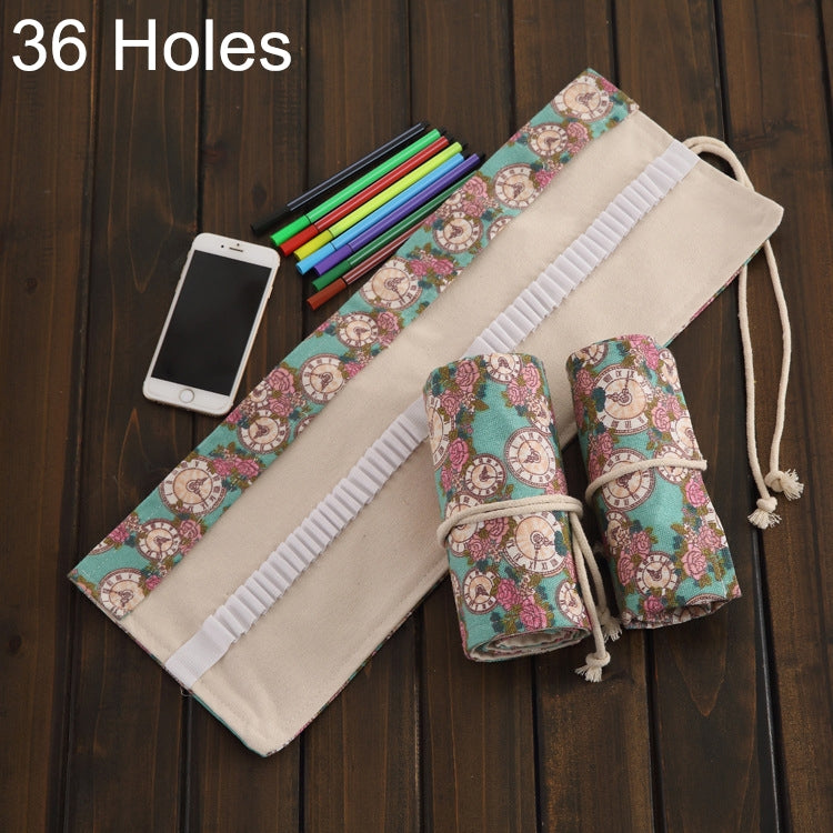 36 Slots Rose Clock Print Pen Bag Canvas Pencil Wrap Curtain Roll Up Pencil Case Stationery Pouch, 36 Slots 36 Slots