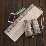 36 Slots Rose Clock Print Pen Bag Canvas Pencil Wrap Curtain Roll Up Pencil Case Stationery Pouch, 36 Slots