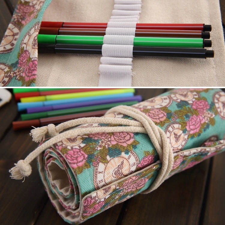 36 Slots Rose Clock Print Pen Bag Canvas Pencil Wrap Curtain Roll Up Pencil Case Stationery Pouch, 36 Slots