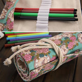 36 Slots Rose Clock Print Pen Bag Canvas Pencil Wrap Curtain Roll Up Pencil Case Stationery Pouch, 36 Slots
