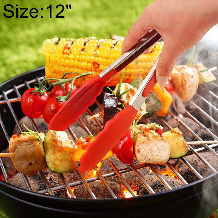 12 inch Silicone Non-slip Food Bread Barbecue BBQ Clip Tongs Kitchen Tools, 12 inch Black, 12 inch Red 12 inch Red Red