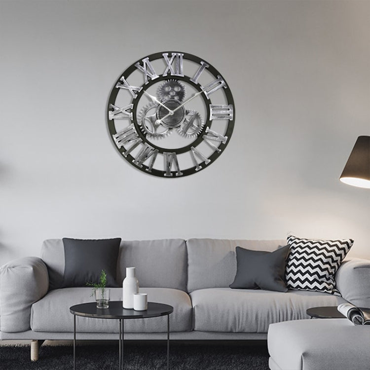 Retro Wooden Round Single-sided Gear Clock Rome Number Wall Clock, Diameter: 35cm, Rome Number 35cm, Rome Number 35cm