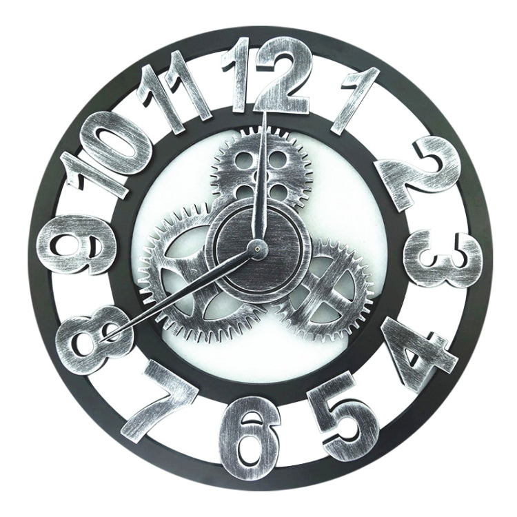 Retro Wooden Round Single-sided Gear Clock Number Wall Clock, Diameter: 40cm, Number 40cm, Number 40cm (Silver)