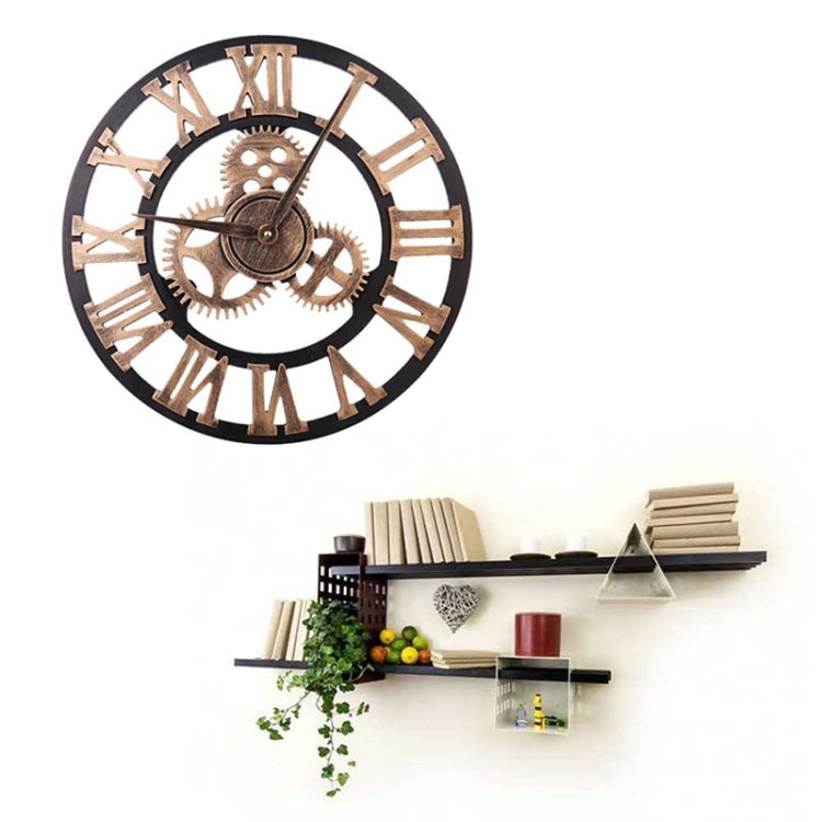 Retro Wooden Round Single-sided Gear Clock Rome Number Wall Clock, Diameter: 40cm, Rome Number 40cm