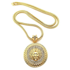 Hip Hop Round Medusa Head Zircon Rhinestone Pendant Clavicle Chain Necklace for Men, Chain Length: 90cm