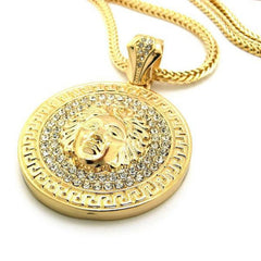 Hip Hop Round Medusa Head Zircon Rhinestone Pendant Clavicle Chain Necklace for Men, Chain Length: 90cm