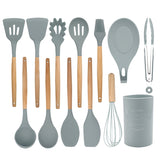 13 in 1 Silicone Wood Handle Heat-resistant Cooking Cutlery Sets Kitchen Tools with Small Container, 13 in 1, with Small Container