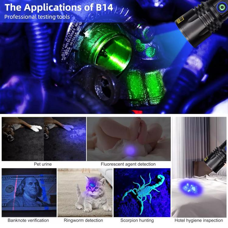 B14 40W 365nm Black Lens UV Rays Flashlight, B14-365