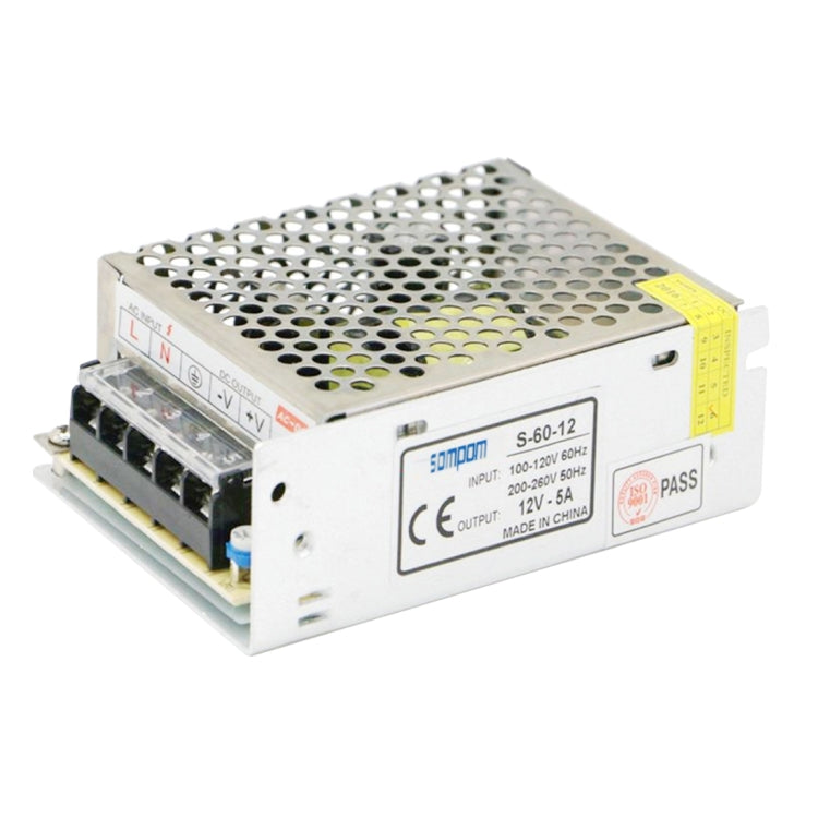 SOMPOM S-60-12 60W 12V 5A Iron Shell Driver LED Light Strip Lighting Monitor Power Supply, 60W 5A