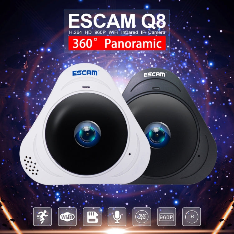 ESCAM Q8 960P 360 Degrees Fisheye Lens 1.3MP WiFi IP Camera, Support Motion Detection / Night Vision, IR Distance: 5-10m, AU Plug, Q8 EU Plug, Q8 UK Plug, Q8 US Plug, Q8 AU Plug