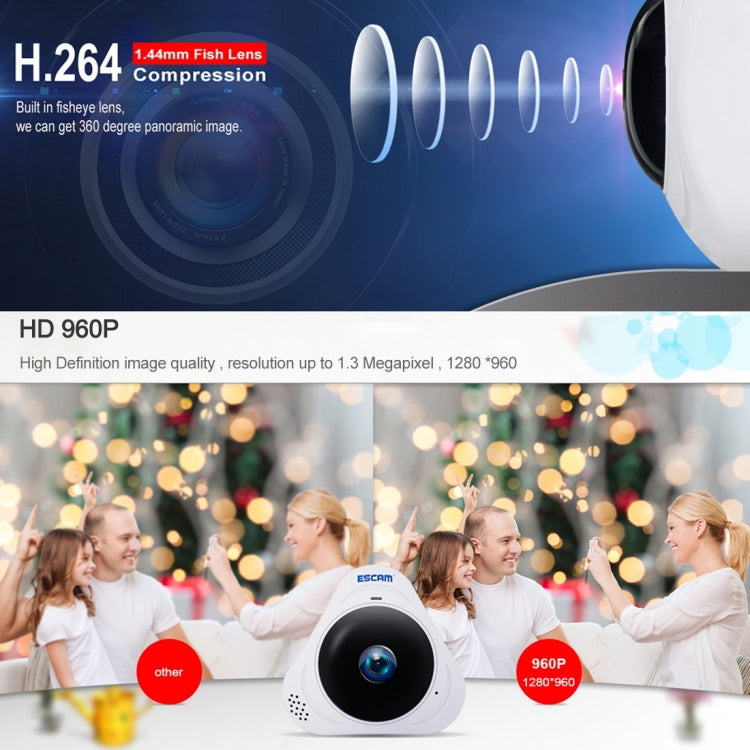 ESCAM Q8 960P 360 Degrees Fisheye Lens 1.3MP WiFi IP Camera, Support Motion Detection / Night Vision, IR Distance: 5-10m, AU Plug, Q8 UK Plug, Q8 US Plug, Q8 AU Plug, Q8 EU Plug