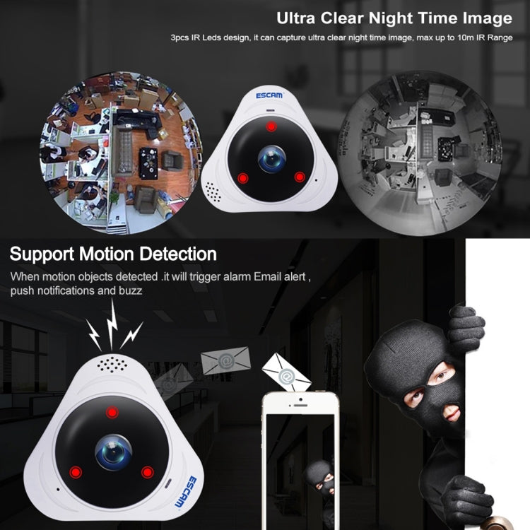 ESCAM Q8 960P 360 Degrees Fisheye Lens 1.3MP WiFi IP Camera, Support Motion Detection / Night Vision, IR Distance: 5-10m, AU Plug, Q8 EU Plug, Q8 UK Plug, Q8 US Plug, Q8 AU Plug