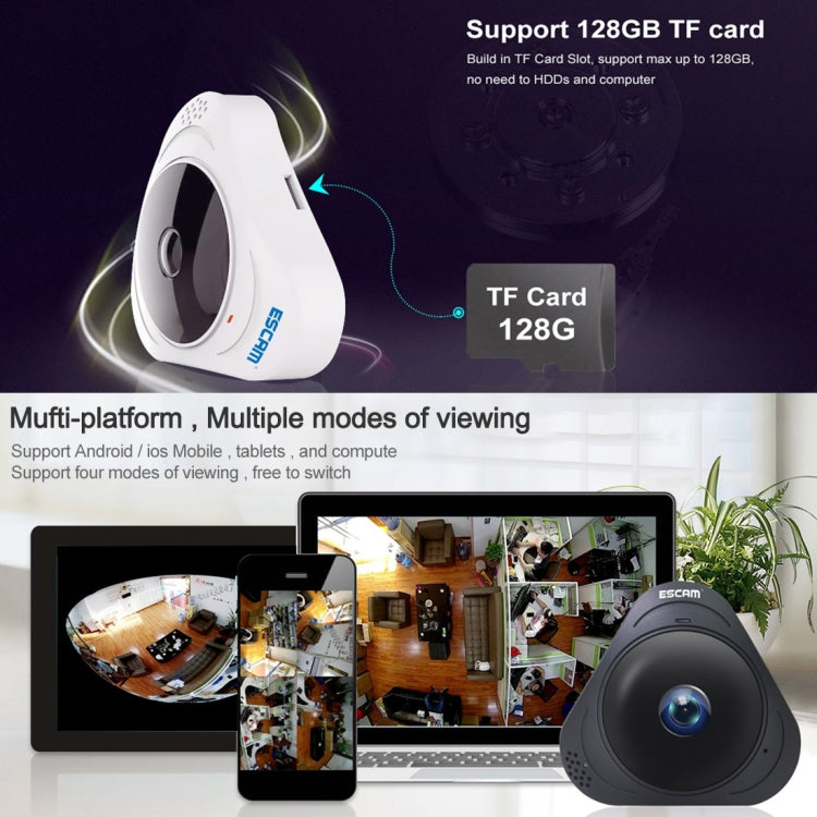 ESCAM Q8 960P 360 Degrees Fisheye Lens 1.3MP WiFi IP Camera, Support Motion Detection / Night Vision, IR Distance: 5-10m, AU Plug, Q8 UK Plug, Q8 US Plug, Q8 AU Plug, Q8 EU Plug
