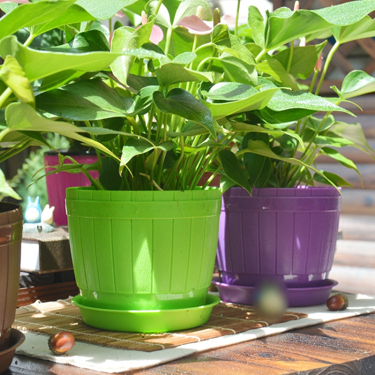 10 PCS Imitation Wooden Barrel Plastic Resin Flower Pot with Tray, Top Diameter: 9cm, Height: 6.5cm, Top Diameter: 9cm