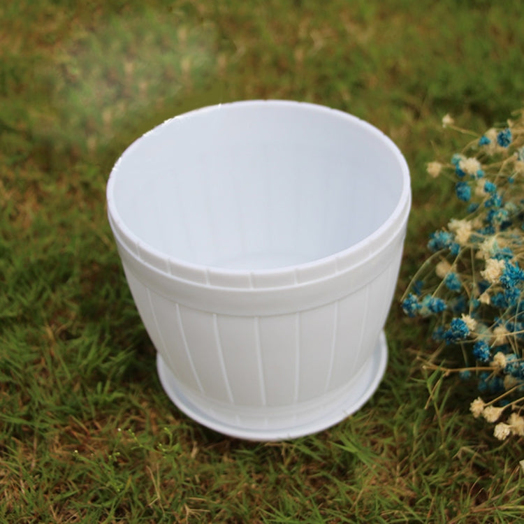 10 PCS Imitation Wooden Barrel Plastic Resin Flower Pot with Tray, Top Diameter: 16cm, Height: 13.5cm, Top Diameter: 16cm