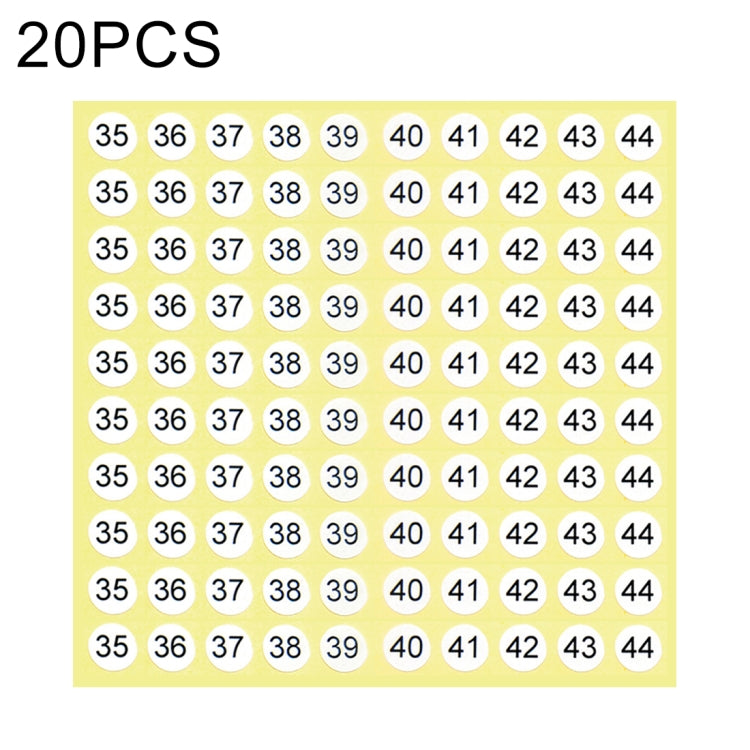 20 PCS Round Shape Number Sticker Shoe Size Label, Number 35-44, Number 35-44 Number 35-44