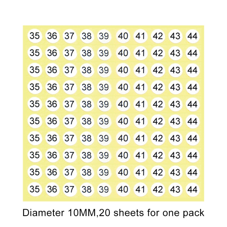 20 PCS Round Shape Number Sticker Shoe Size Label, Number 35-44, Number 35-44