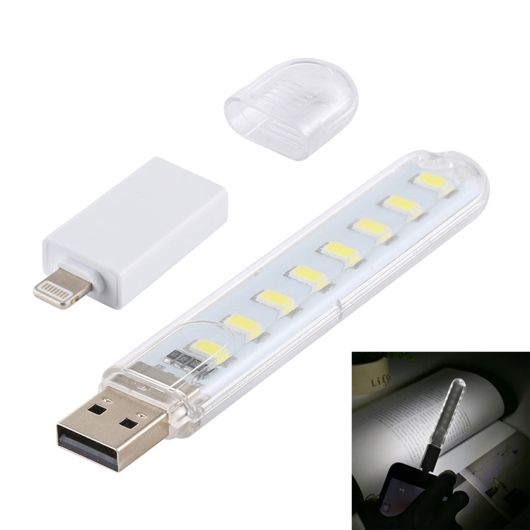 8LEDs 5V 200LM USB LED Book Light Portable Night Light, with 8 Pin Adapter, with 8 Pin Adapter
