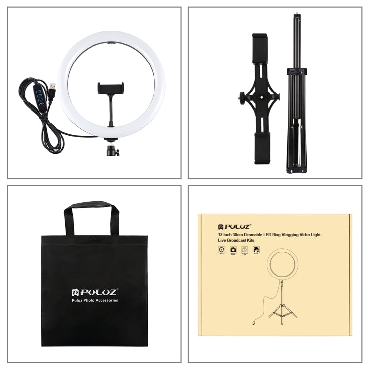PULUZ 11.8 inch 30cm Light + 1.65m Tripod + Dual Phone Bracket Curved Surface USB 3 Modes Dimmable Dual Color Temperature LED Ring Vlogging Video Light Live Broadcast Kits with Phone Clamp, 11.8 inch+1.65m Tripod+Dual Bracket