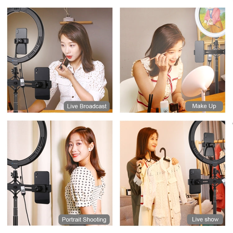 PULUZ 11.8 inch 30cm RGBW Light + 1.65m Mount + Dual Phone Brackets Curved Surface RGBW Dimmable LED Ring Selfie Vlogging Light Live Broadcast Kits with Cold Shoe Tripod Adapter & Phone Clamp & Remote Control, 11.8 inch RGBW+1.65m Tripod+Dual Bracket