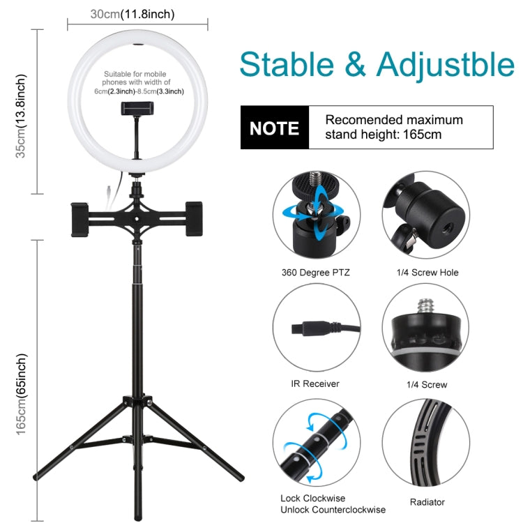 PULUZ 11.8 inch 30cm RGBW Light + 1.65m Mount + Dual Phone Brackets Curved Surface RGBW Dimmable LED Ring Selfie Vlogging Light Live Broadcast Kits with Cold Shoe Tripod Adapter & Phone Clamp & Remote Control, 11.8 inch RGBW+1.65m Tripod+Dual Bracket