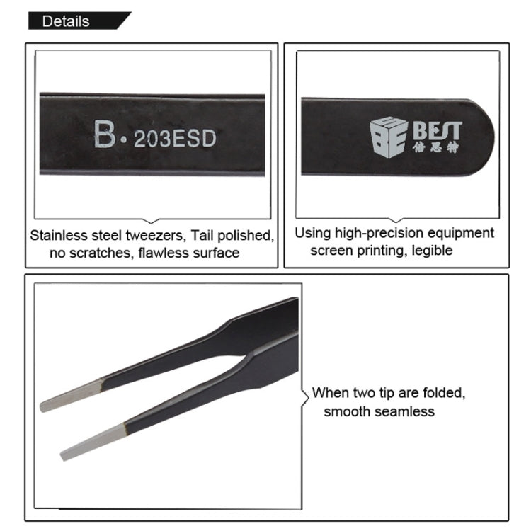 BEST BST-203ESD 202 Stainless Steel Anti-static Tip Tweezers, BST-203ESD