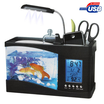 USB Desktop Aquarium Mini Fish Tank with Running Water and 6 LED Light, LCD Clock Display with Calendar, Time and Alarm (Holds 1.5 Quarts of Water) Default Title