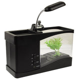 USB Desktop Aquarium Mini Fish Tank with Running Water and 6 LED Light, LCD Clock Display with Calendar, Time and Alarm (Holds 1.5 Quarts of Water)
